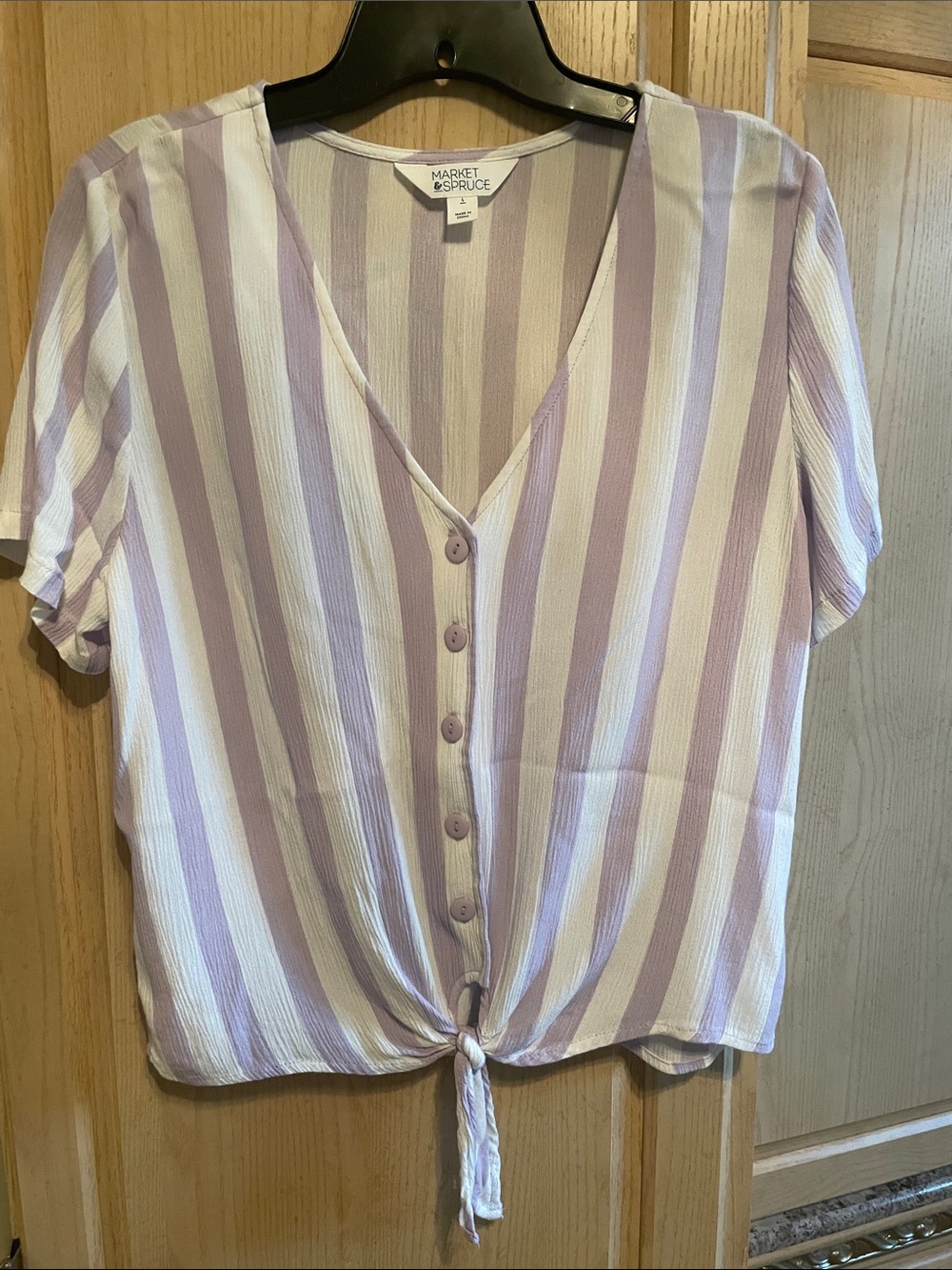Market & Spruce Lilac and White Striped Button-Front Tie Hem Blouse